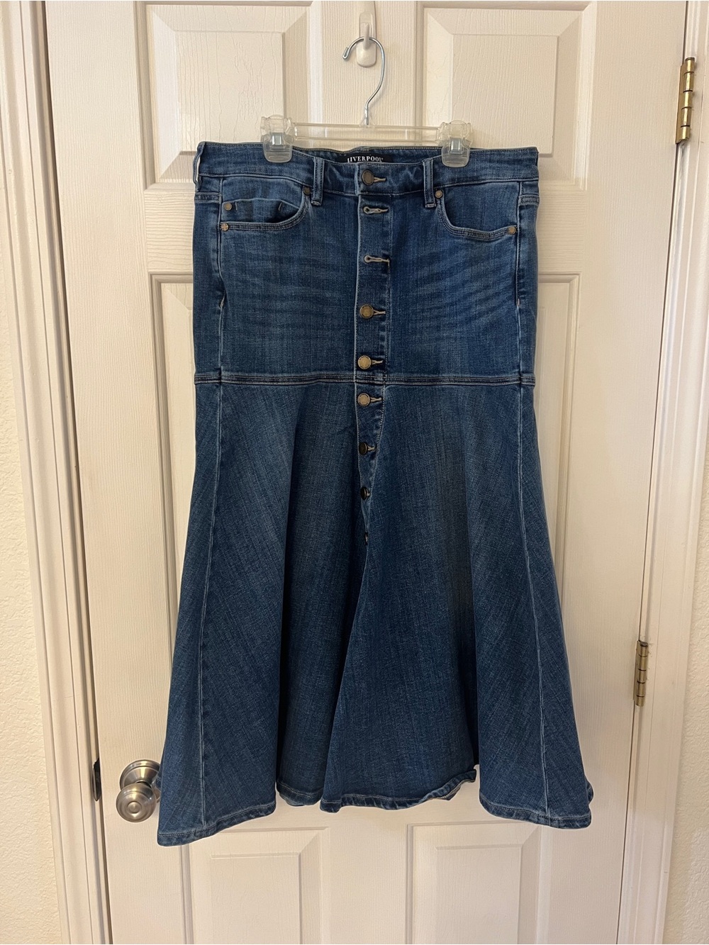 Liverpool Button-Front Flared Dark Blue Denim Skirt